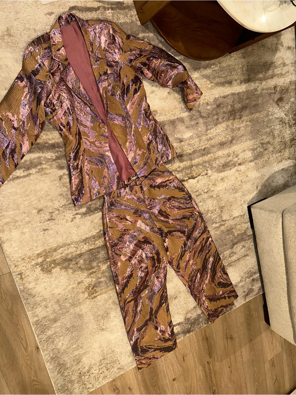 Patterned Two-Piece Blazer and Cropped Pants Set in Brown and Lavender